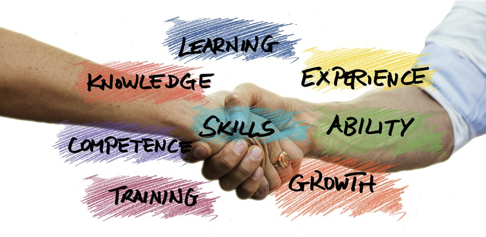 Handshake picture with text overlays listing Learning, knowledge, experience, skills, competence, ability, training and growth.